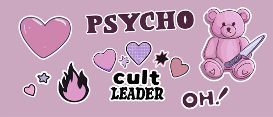 Vector illustration with pastel stickers: pink heart, &ldquo;PSYCHO&rdquo; text, &ldquo;oh!&rdquo; text, pink rose, teddy bear holding a knife, and a fire flame, all on a light mauve background with white outlines.