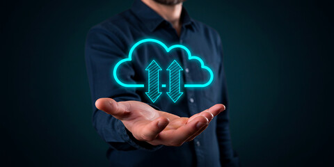 Person holding digital cloud icon representing data storage cloud computing and online technology