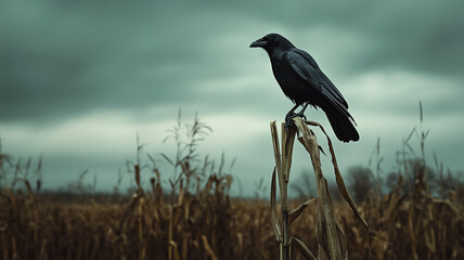 A crow perched on a dry corn stalk in an abandoned field with moody natural lighting