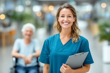Smiling nurse holding clipboard with elderly patient in wheelchair in background.