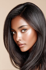 Fototapeta premium Close-up portrait of young woman with glowing skin and long dark hair looking confidently into the camera.