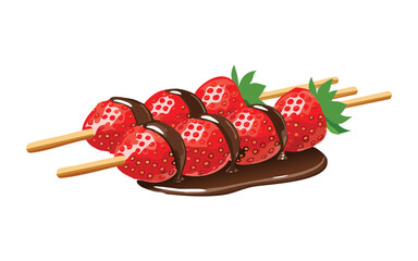 skewered strawberries with chocolate sauce - vector illustration