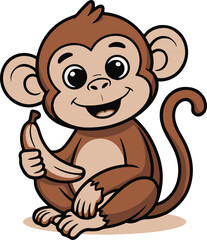 Obraz premium cartoon monkey holding banana and smiling, cute jungle animal character sitting in playful kids illustration
