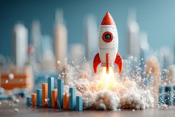 Rocket launch, symbolizing startup success.  A small rocket blasts off from a base of crumbled materials,  with cityscapes in the background and graphs