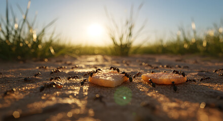 Ants Swarming Food Pieces on Sandy Ground in Bright Sunlight Outdoor Scene with Grass