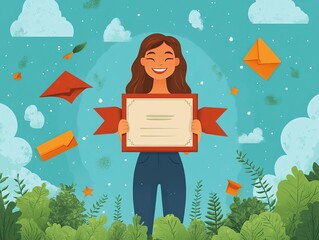Graduation Vector Illustration: Woman Holding Diploma with Clouds, Envelopes, and Plants for Invitations or Social Media