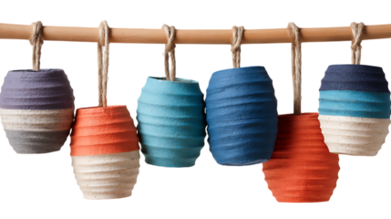 Colorful ceramic hanging planters suspended from a wooden rod with natural twine against a plain transparent background