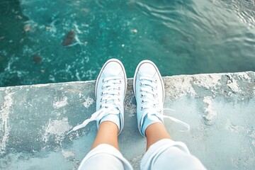 Azure water and shoes on concrete reveal a peaceful moment near the sea. Serene