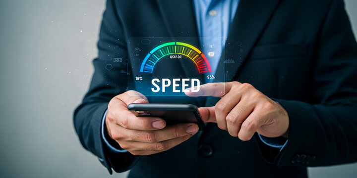 Speedometer icon in businessman hand representing fast performance internet speed or delivery time