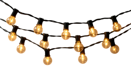 String of warm glowing light bulbs with black wire and sockets against a dark backdrop creates an ambient atmosphere, ideal for festive occasions