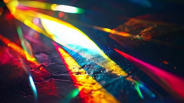 Light diffraction through prisms creates vibrant colors in a mesmerizing display with dark loop background. Ideal for projects related to light, science, art, or abstract visuals