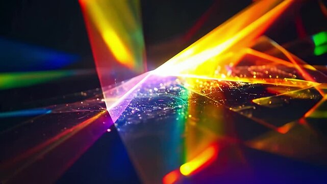 Light diffraction through prisms creates vibrant colors in a mesmerizing display with dark background. Ideal for projects related to light, science, art, or abstract visuals