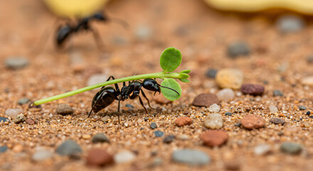 Close Up of a Black Ant Carrying a Green Leaf on Sandy Ground with Scattered Pebbles in Natural Outdoor Setting