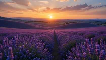 Scenic lavender field stretches into the horizon at dusk, illuminated by a soft, golden sunset glow