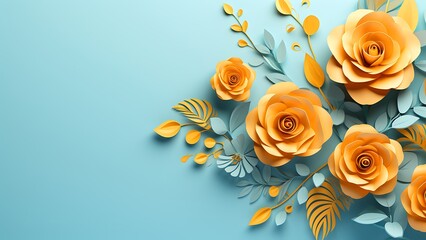 Elegant floral composition featuring paper roses and leaves on a light blue background