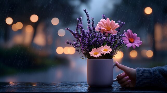 A bouquet of flowers in a mug on a rainy night. Soft lighting and bokeh effect