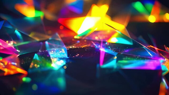 Light diffraction through prisms creates vibrant colors in a mesmerizing display with dark background. Ideal for projects related to light, science, art, or abstract visuals