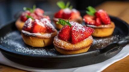 Freshly baked strawberry muffins topped with mint leaves on a rustic wooden table