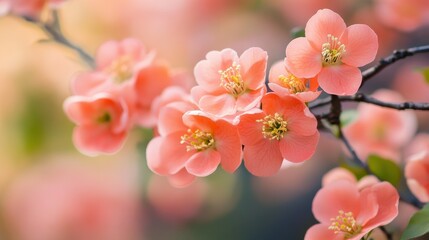 Obraz premium Blooming pink-orange branches of Japanese quince in spring outdoor with copy space. Bush in blossom with vibrant flowers