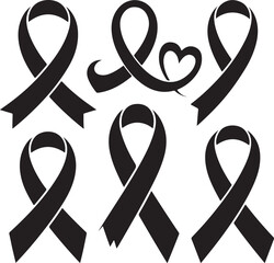 Set of black awareness ribbons in different styles, symbol of support, mourning, or causes, simple icon illustration