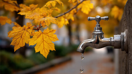 Autumn leaves cascade near leaky spigot