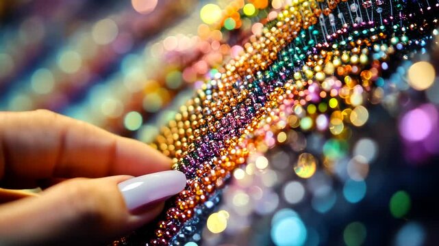 Glistening beaded fabric interaction with vibrant colors and gentle hand movement