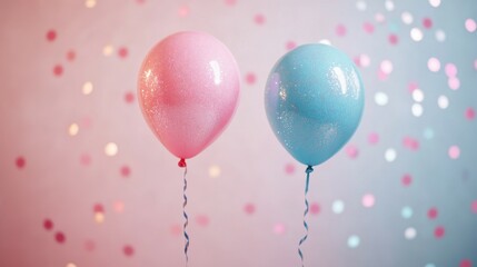 whimsical gender reveal party scene with floating pink and blue balloons sparkling glitter and festive decorations against a pastel backdrop