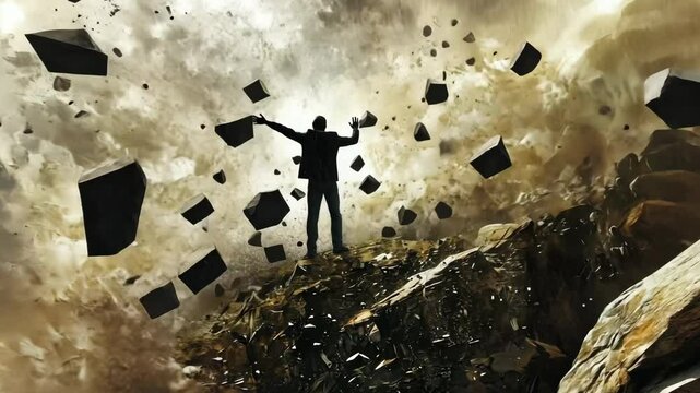 Triumph amidst chaos: silhouette overcoming obstacles in a dynamic landscape