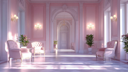 Naklejka premium Classic interior styled with pastel colors features soft armchairs and elegant lighting in a 3D rendering