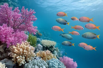 A coral reef thriving with diverse marine species and no pollution in sight