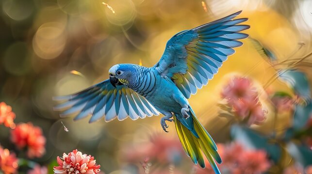 Featuring Blue parakeet flying over grassland with motion blur
