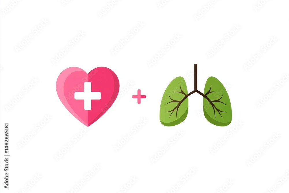 Poster a flat design of a heart and lung symbol merged in harmony on white background
