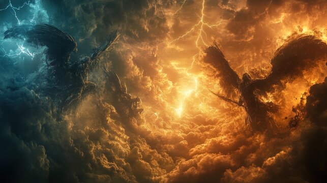 epic aerial confrontation of mythical winged figures amidst swir
