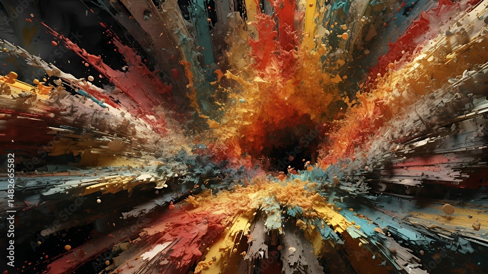 Poster dynamic explosion of color creates an abstract burst from a dark center, creating visual depth.