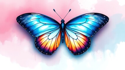 Obraz premium A watercolor of a Morpho butterfly, its iridescent blue wings glistening with subtle shimmer.
