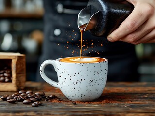 Barista Pouring Espresso into Speckled Mug on Wooden Counter