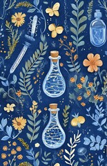 A blue background with DNA strands and a quaint scientific style