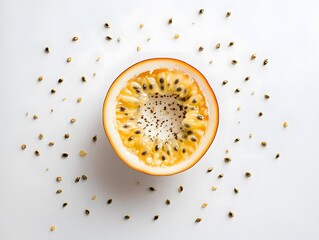 Obraz premium 52. Half-cut passionfruit surrounded by seeds on white background