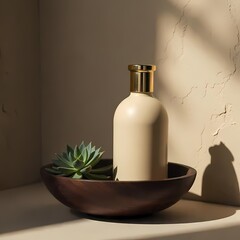 White spa still life features a glass bottle of perfume and essential oil for beauty and aromatherapy treatment