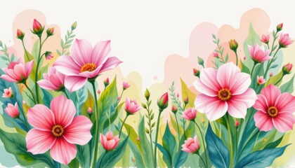 a vibrant watercolor artwork of a blooming garden, in a bold yet soft watercolor technique