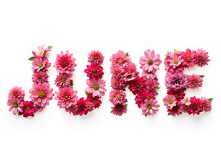 Fototapeta premium Floral typography of June created with pink and red daisies isolated on white