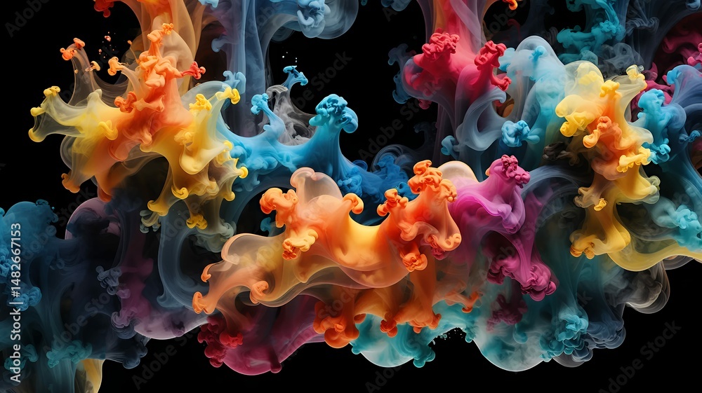 Poster abstract clouds of vibrant colors mingle and merge on a stark black backdrop creating visual
