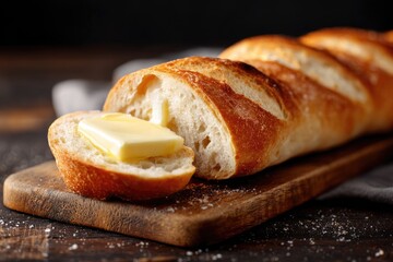 A freshly baked baguette sliced and topped with melted butter.