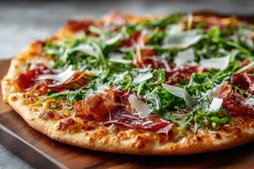 Close up of a delicious pizza topped with prosciutto and arugula.