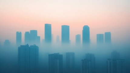 Fototapeta premium A misty city skyline with tall buildings rising above thick fog at sunrise.