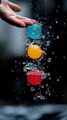 Hand Holding Colorful Bubbles Against Dark Background