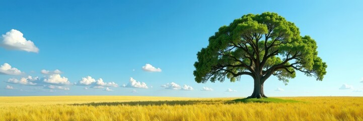 Fototapeta premium Ancient oak, solitary in vast field, vivid blue sky, outdoor, cloudscape, summer
