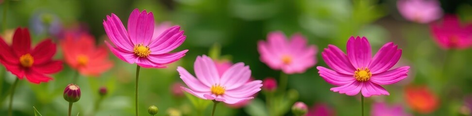 Obraz premium Cosmos flowers bloom vibrantly in a garden setting , pink, delicate, serenity
