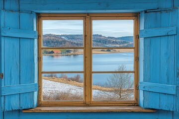 Window view Lake, hills, buildings