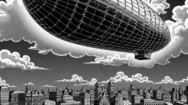 Black and white vintage-style drawing of zeppelin airship floating above city skyline, representing retro transportation, history and steampunk fantasy concept